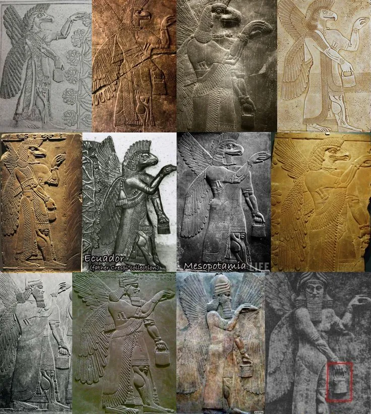 Annunaki. All have wings. All are wearing bracelets with a disc. All are carrying a pouch with handle in one h… | Ancient mysteries, Ancient aliens, Ancient history