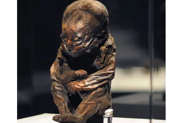 The Detmold Child is a 6,500-year-old Peruvian child mummy that was discovered buried with an amulet around its neck, wrapped in linen.